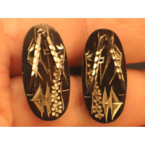 Sterling Japanese Sandal Cuff Links Engraved Zori Japanned - Picture 1 of 5